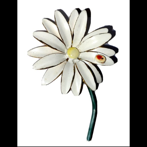Sandor White Daisy Brooch Pin Ladybug Stem Flower Power 4" Vintage - Picture 2 of 12